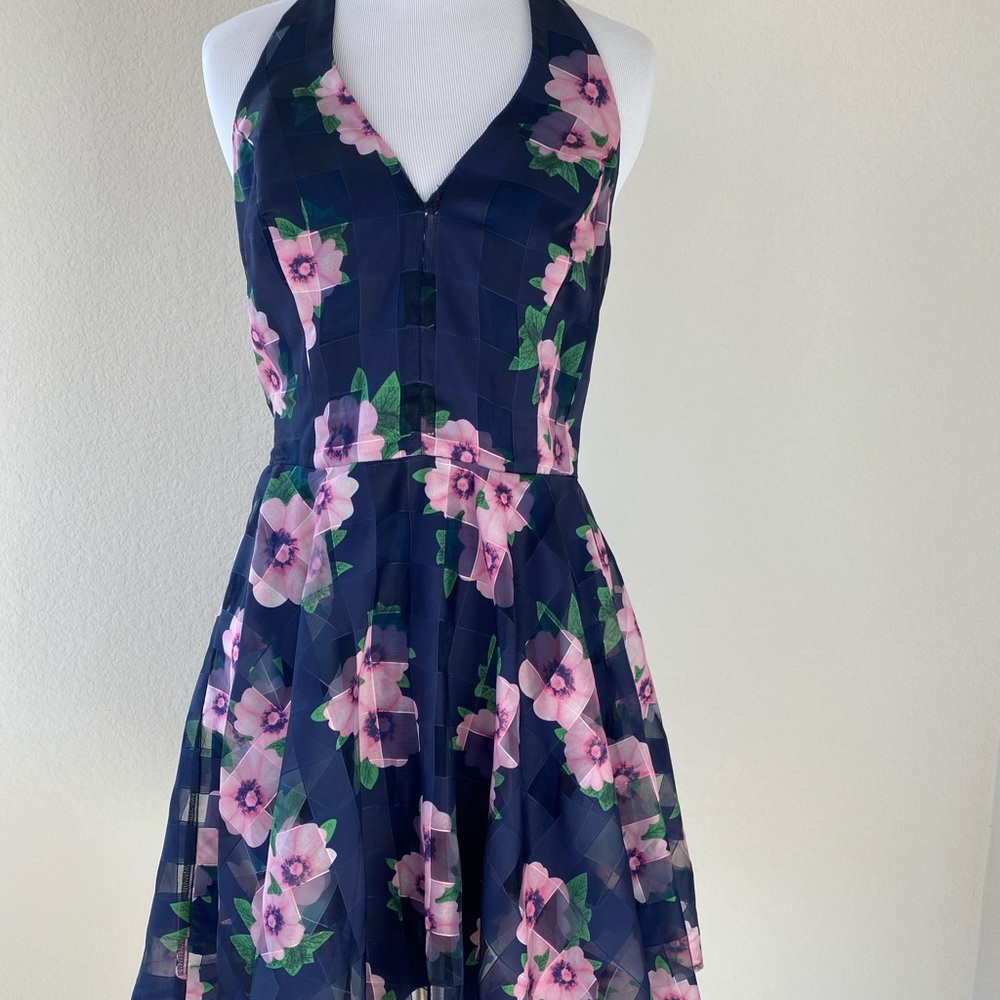 The Moon Floral Navy Blue Pane Halter Dress